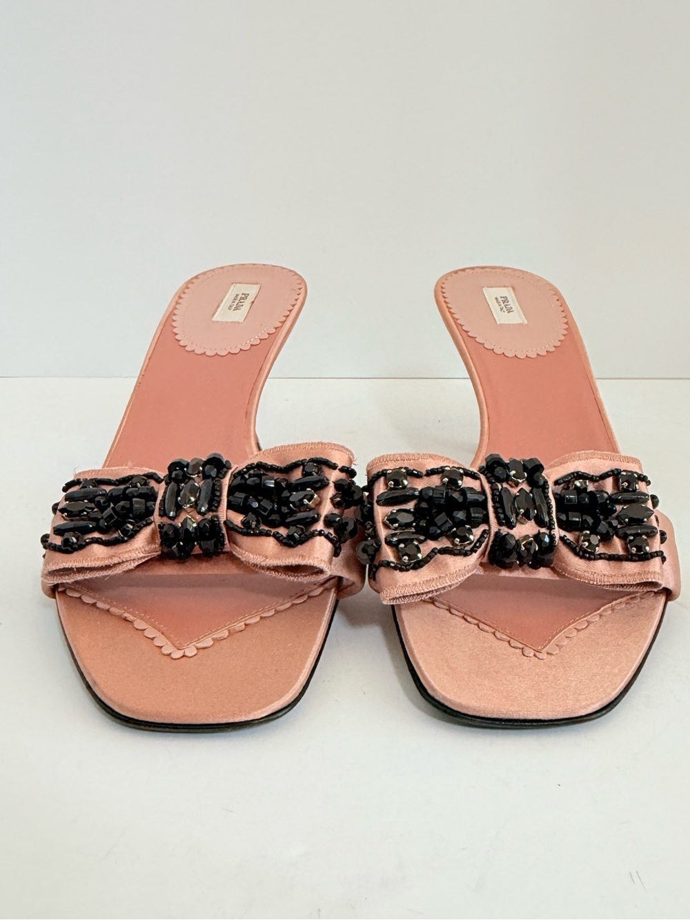 Prada Archive Pink Satin Crystal beaded Embellished bow Mule Heels EU 38 - Picture 6 of 11